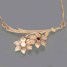 Gold Double Kette ° Blumen Dekor Perle roter Stein ART DECO ZEIT COLLIER
