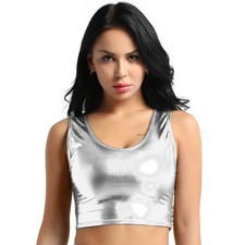 DE Damen Tank Top Metallic Crop Top Shirt Wetlook Oberteil Unterhemd Clubwear