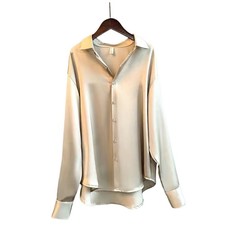 2025 NEU Vintage Damen Satin Hemd Glänzend Geknöpft Bluse Oberteil Freizeit