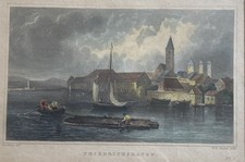 Orig. antiker kolorierter Stahlstich Ansicht Friedrichshafen um 1840 - gerahmt
