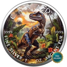 2025 1OZ Silber Kanada Velociraptor Dinosaurier coloriert Farbe Zertifikat NUR 100 #69