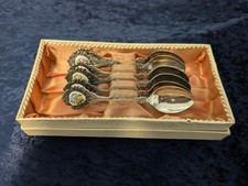 6 Kaffeelöffel + 6 Kuchengabeln + Tortenheber Edelstahl mit Emaille - Vintage