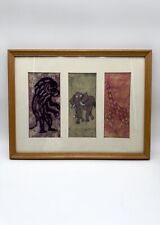 Batik Malerei Gemälde auf Stoff Vintage Affe Giraffe Elefant in Rahmen aus Holz