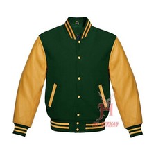 Varsity Gothic College Bomber Jacke Unisex Forest Green Wolle Gold Leder Retro