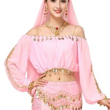 Belly Dance Costume Split Long Sleeve Coin Shirt Top Carnival Dancer Outfits