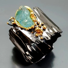 Imposanter Designerring -925erSilber-14ctGold m Apatit -Brocken-Topas-RG 19,5-61