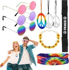 Hippie Accessoires 9tlg. Peace Kette runde Brille Stirnband Retro 70er 80er