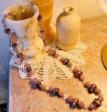 Antike Halskette Perlen Murano Glas Lila Töne Kristall vergoldet