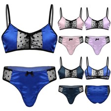 DE Herren Dessous Set Satin BH Bra + Sissy Höschen Tanga Slips Unterwäsche Set