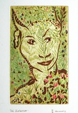 SONDERPREIS Michaela Krinner 1915-2006: Faun Pan Farb-Radierung Kleinauflage