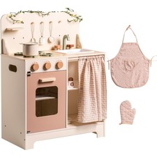 Kinder-Holzküche in Rosa Creme, inklusive Schürze, Handschuh, Ofen und Wasser...