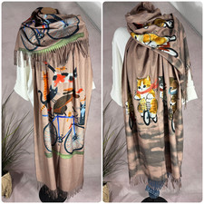 Wendeschal Katzen Motiv XXL Schal mit Fransen 200x70 cm Viskose Wolle