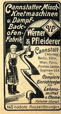 Werner & Pfleiderer Cannstatt KNETMASCHINEN BACKOEFEN Historische Reklame v.1907