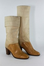 Damenstiefel Lederstiefel Leinen beige braun uk5 Stiefel 90er TRUE VINTAGE boots