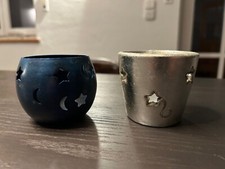 2x Teelichthalter SET blau und silber - 6 cm - Kerzenhalter Sterne Mond