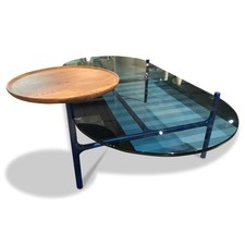 Rolf Benz Couchtisch Addit 915-233 Blaue Glasplatte Tablar Nussbaum Massiv