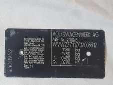 VW Käfer Typ 11  1300  Typenschild 1180kg 1302 -WVWZZZ11ZCM003312