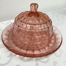 Antike runde Käseglocke altrosa Pressglas geprägt Glasteller mit Haube.