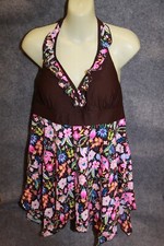 LANGES TANKINI OBERTEIL TOP GRÖSSE 42 BRAUN MIT BLUMENMUSTER VOLANT MIT PADS