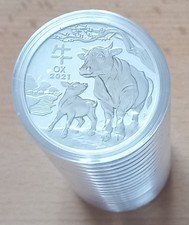 20 Stück 1 Oz Lunar III Ochse 2021 Silber * Originalrolle Perth Mint