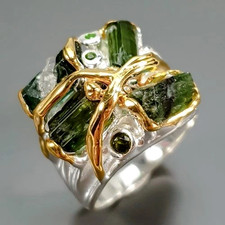 Hervorragender Designerring-925erSilber-14ctGold-Turmalin-Brocken-Diopside-19-60