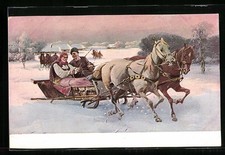 Paar im Pferdeschlitten vor