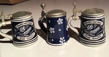3 Stück Schnapsbecher „Bierkrug“ Steingut mit Zinndeckel 6 cm