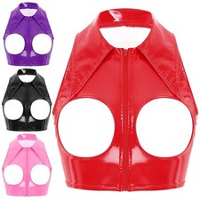 Damen Lack Leder Tank Top Crop Top Wetlook Oberteile mit Reißverschluss Lingerie