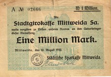Keller 3581a Stadtgirokasse Mittweida 1 Mio Mark 1923