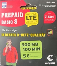 Congstar Prepaid, keine Vertragsbindung, SIM-Karte, D-Netz, Startguthaben 