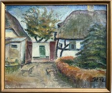 Antikes Ölbild Nordischer Bauernhof Reetdachkate Landhaus Hoftor Holzkarre 1940