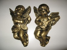 2 STK. MUSIZIERENDE WAND ENGEL FIGUREN H.  20 cm - 1x 405 gr. 1x 440 gr. um 1950