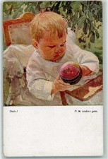 10221535 - Baby im Hochstuhl spielt mit einem Ball, sign M. Anders, Wiener