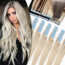 100% Echthaar Tape In Human Hair Extensions Haarverlängerung 40 Tressen Gewellt