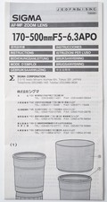 Bedienungsanleitung Sigma AF -  MF Zoom Lens 170 -  500mm F5-6.3 APO instruction