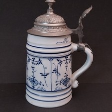 Porzellan Bierkrug mit Zinndeckel Strohblumen Hüttensteinach  Bodenbild 1929