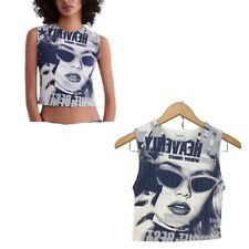 Bershka Trägertop Y2K Zeitungsdruck Cropped Tank gerippt Teen Mädchen Gr. S