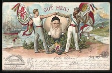 Lithographie Hamburg, Turnfest 1898, Turner mit Fahnen und Jahn-Portrait, Hands 