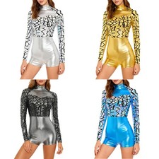 Damen Metallic Body Langarm Bodysuit Glitzer Leder Jumpsuit Leotard Rave Outfit 