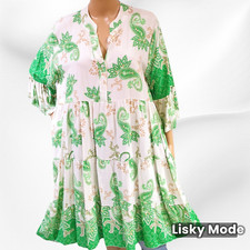 Italy Oversized Kleid Hängerchen Tunika Volant V-Neck Print Ibiza 38 40 42 Grün