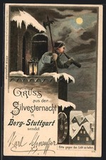 Lithographie Luxemburg, Silvestergruss, Halt gegen das Licht Nachtwächter blät 