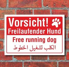 Schild Vorsicht freilaufender Hund englisch arabisch wetterfest 3 mm Alu-Verbund