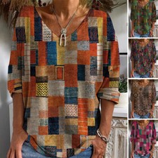 Frauen Boho Floral Casual Lose Tops Damen Langarm Bluse Tunika T-Shirt T- B