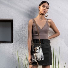 kleine Tasche Kuhfell Western Boho Handytasche Festival  Leder Fransen Hippie