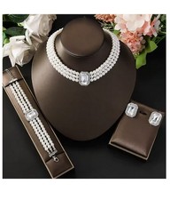 Schmuck Hochzeit Set Kette Armband Ohrringe  Perlen Weiß 3-Teile Braut