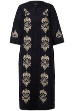 Ulla Popken Damen große Größen Leinen Maxikleid Stickerei Tunika Ausschnitt