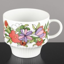 Tasse Kaffee AK Kaiser Porzellan Exclusiv Blumen weiß bunt ~ 70er Vintage Retro
