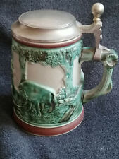 Bier Walzen Krug Westerwald Jagd Dekor Szene grün  Zinndeckel W 980 Gemarkt 