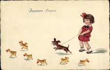 Ak Glückwunsch Ostern, Mädchen geht Gassi, Bellender Hund und... - 4588111