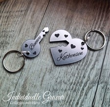 2 Schlüsselanhänger Gravur Schlüssel Herz Hochzeit Valentinstag Geschenk Silber